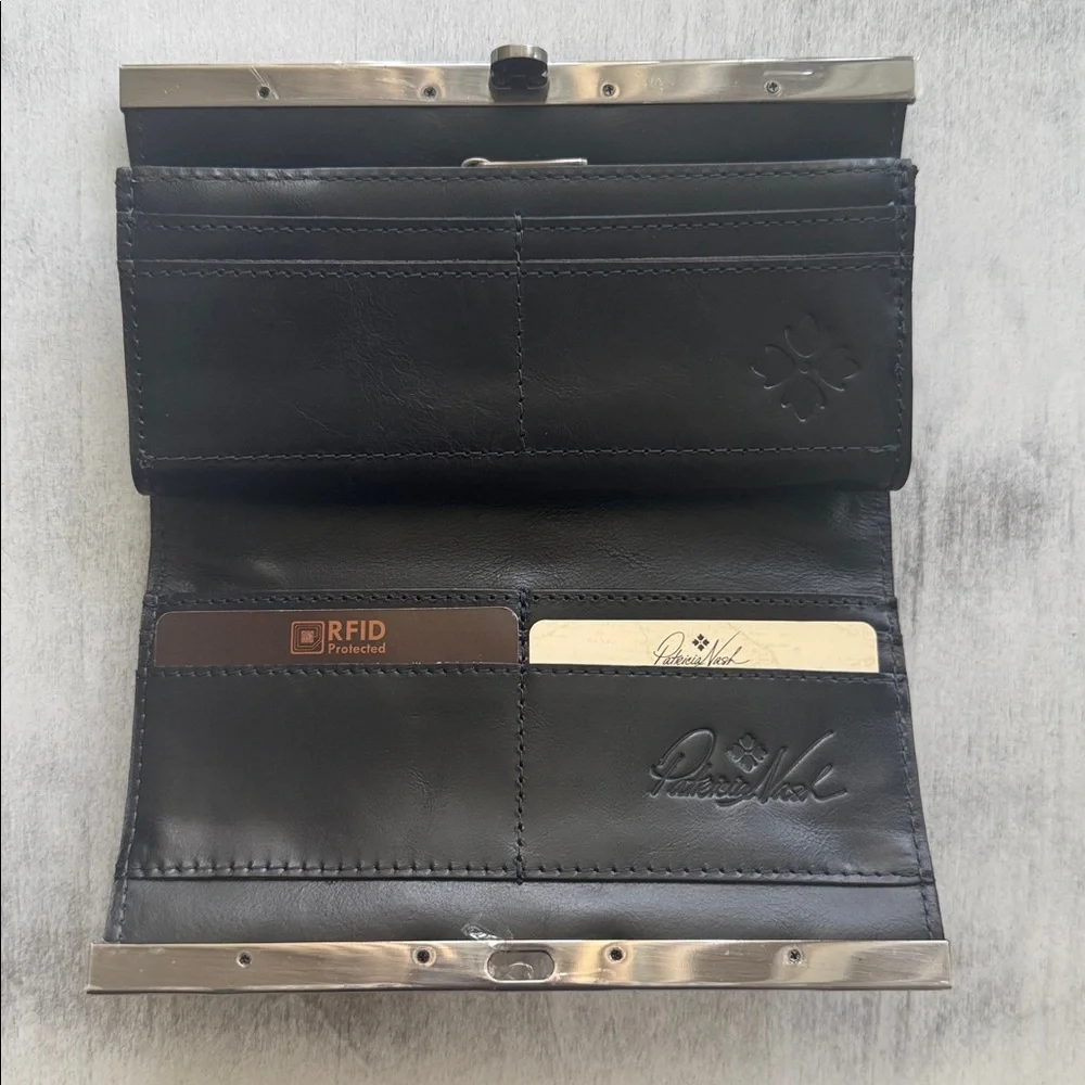 Patricia Nash Floral Peruvian Paint Frame Cauchy RFID Leath Clutch Wallet Black